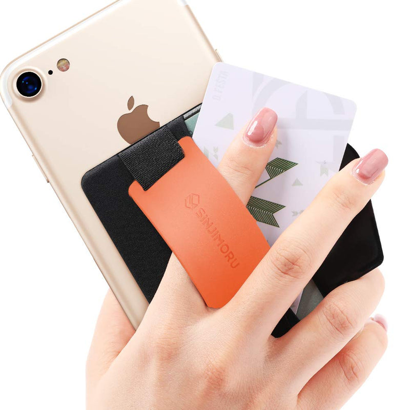 Sinjimoru Phone Grip Card Holder with Phone Stand, Secure Stick on Wallet for iPhone with Kickstand for Table. Sinji Pouch B-Grip Silicone Clementine
