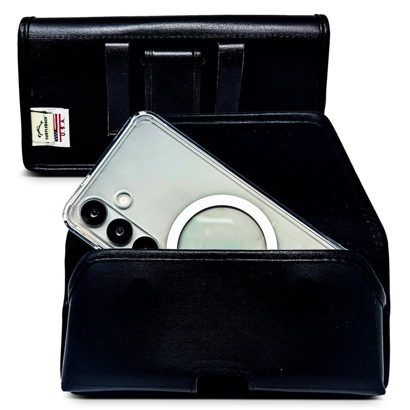 Turtleback Phone Holster for Galaxy S26, Galaxy S25 to Galaxy S20 | Leather Horizontal Case with Black Leather Wrapped Clip with Belt Loops, Magnetic Closure | Fits Slim Protective Cases Belt Loop & Clip