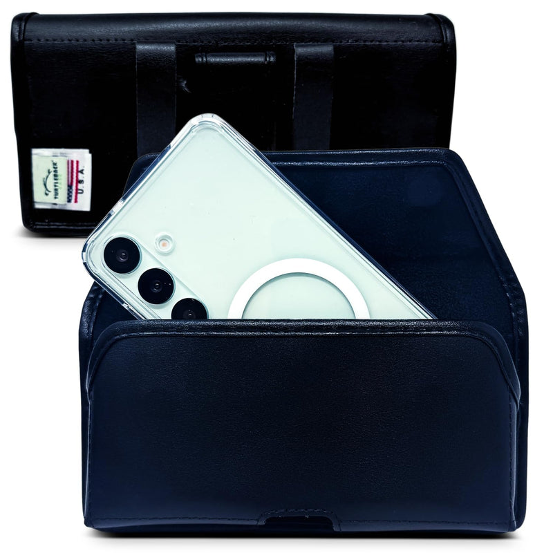 Turtleback Phone Belt Clip Designed for Galaxy S26 Plus, S25 Plus, S24+ to S20 Plus – Small - Belt Holder Fits Phones with Slim Style Cases, Black Leather Wrapped Clip, Belt Loops, Magnetic Closure Horizontal - Leather w/ Covered Leather Clip