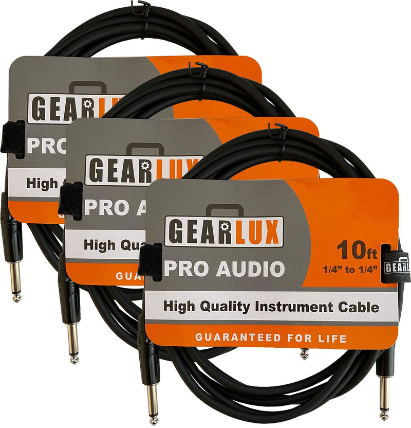 Gearlux Instrument Cable/Guitar Cable, 1/4 Inch, Straight to Straight, Black, 10 Feet - 3 Pack 10 Ft Straight-Straight