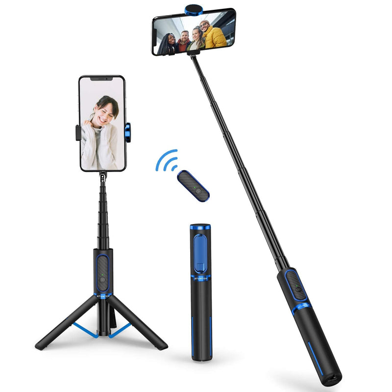 ATUMTEK Bluetooth Selfie Stick Tripod, Extendable 3 in 1 Aluminum Selfie Stick with Wireless Remote and Tripod Stand 270 Rotation for iPhone 13/12/11 Pro/XS Max/XS/XR/X, Samsung and Smartphone Blue