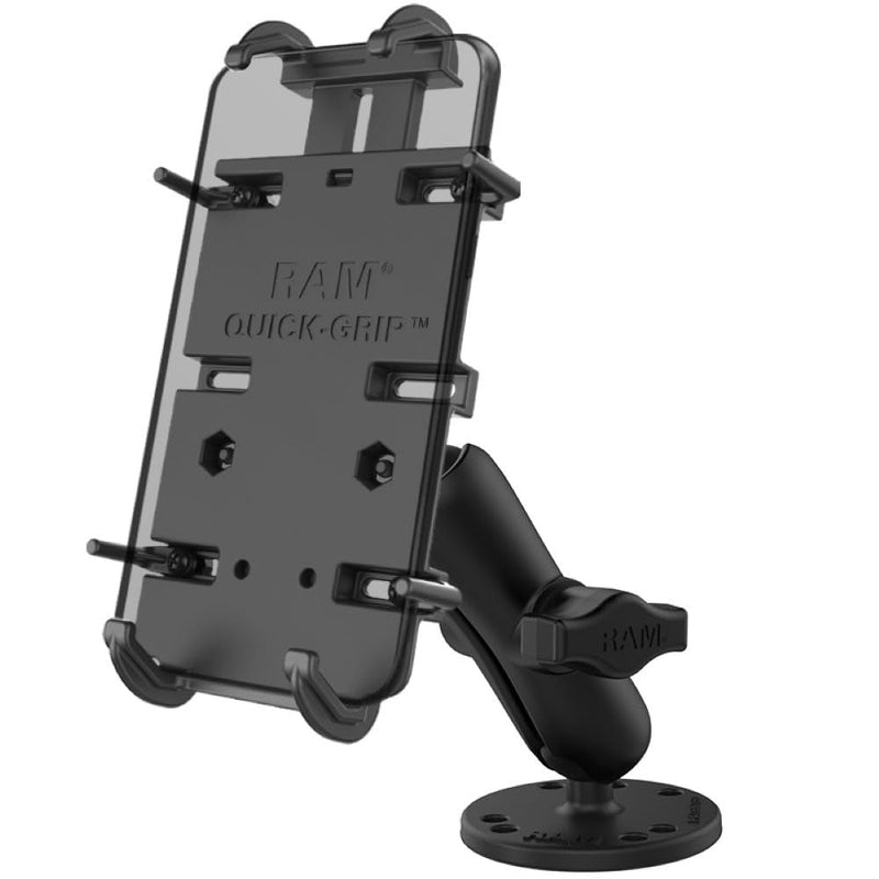 RAM MOUNTS Quick-Grip XL Phone Mount with Drill-Down Flat Surface Base | Fits large phones, B Size 1" ball with medium arm for cars, trucks, boats and flat surface mounting