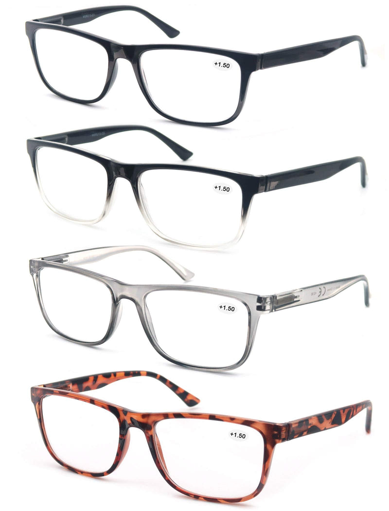 Reading Glasses 1.5 Oversized Large Square Men Readers 4 Pack,Lightweight Cheaters Glasses W/Comfortable Spring Hinges 4 Mix Color 1.5 x