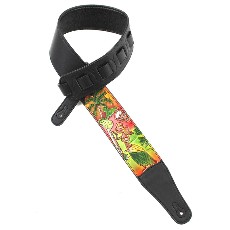 [AUSTRALIA] - Walker & Williams CVG-HWI Hand Carved Black Leather Guitar Strap With Bright Sunset Island Dancer Scene For Acoustic, Electric, And Bass Guitars 
