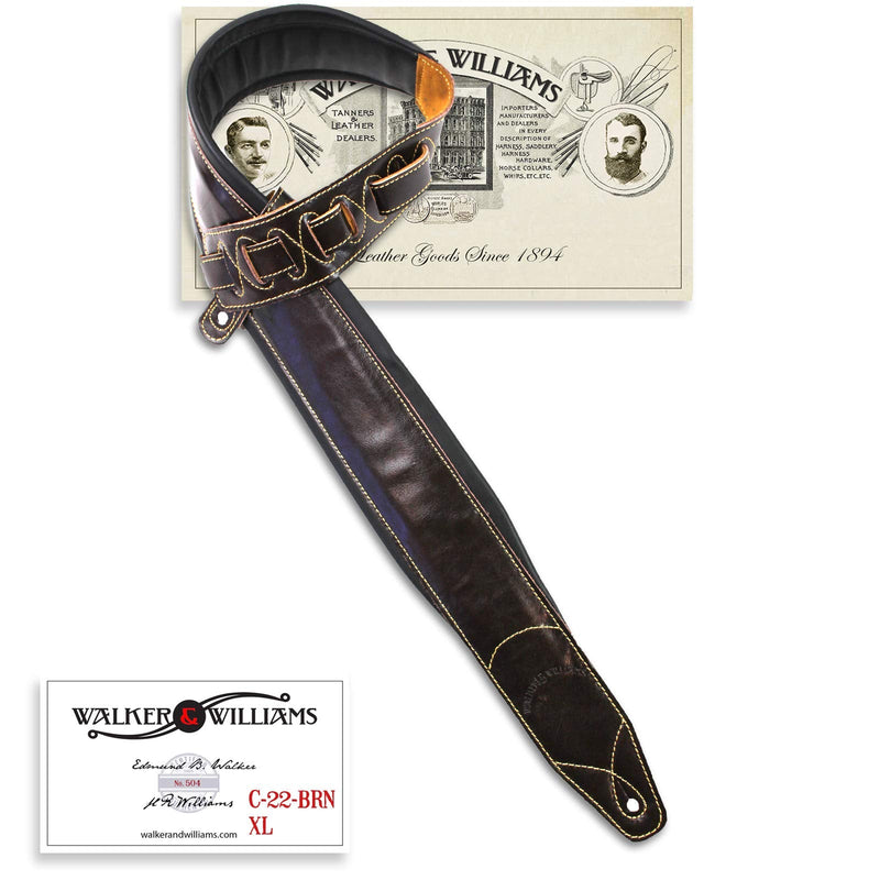 Walker & Williams C-22-BRN-XL Handmade Double Padded Premium Brown Signature Leather Guitar Strap XL For Acoustic, Electric, And Bass Guitars