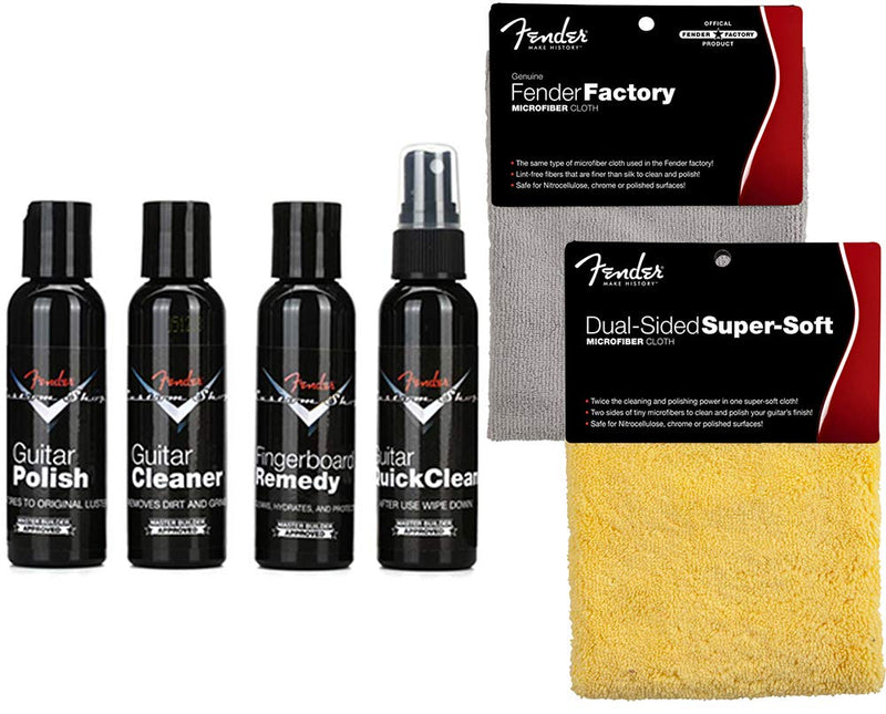 Fender Guitar Super Care Kit Bundle with Custom Shop Deluxe Guitar Care System 4 Pack, Super-Soft Dual-Sided Microfiber Cloth, and Fender Factory Microfiber Cloth Kit w/ Fender Microfiber Cloths