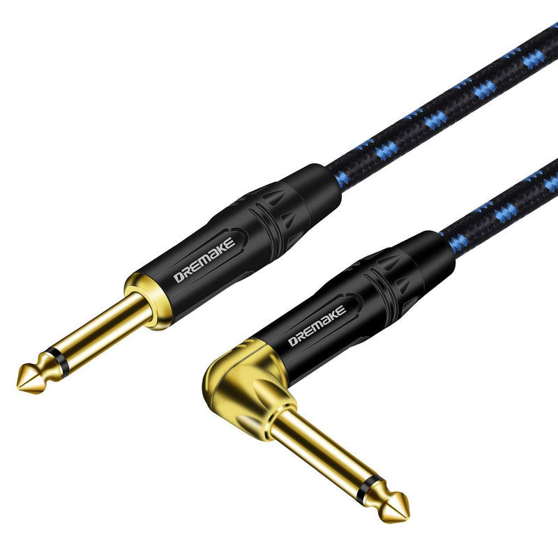 DREMAKE Cable 1/4" (6.3mm) Straight to Right Angle, Black/Blue Braided Tweed 1/4 Inch to 1/4 Inch Patch Cord, 25FT Instrument Guitar Cable for Keyboards, Electric Mandolin, Pro Audio to Amp 25FT/7.5M Black&Blue