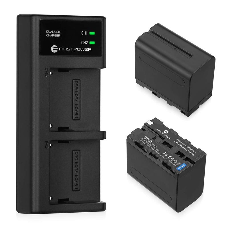 FirstPower 2 Pack NP-F970 Batteries and USB Dual Charger for Sony NP-F970 F960 F950 F930 F750 F570 F550 F530 F330 Battery and Sony Handycams, CCD-SC55 TR516 TR716 TR818 TR910 TR917