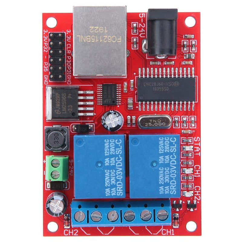 LAN Ethernet Controller Module, TCP/UDP Controller Module with 2-Way Relay Board Delay Switch DC(5-24V) for Replacement of Web Server Electronic Kit Circuit Board