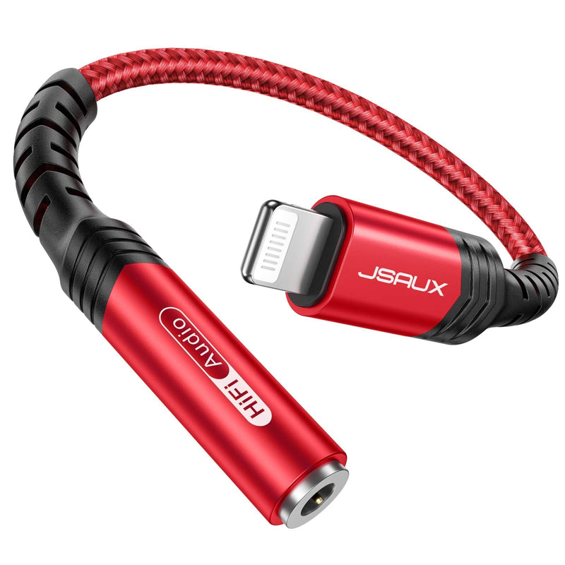 JSAUX iPhone Headphone Adapter, Lightning to 3.5mm Adapter [Apple MFi Certified] iPhone Aux Adapter Compatible with iPhone 14/14 Pro Max/13/13 Pro Max/12/12 Pro Max/11/11 Pro Max/SE/X/XR/XS/8-Red Red