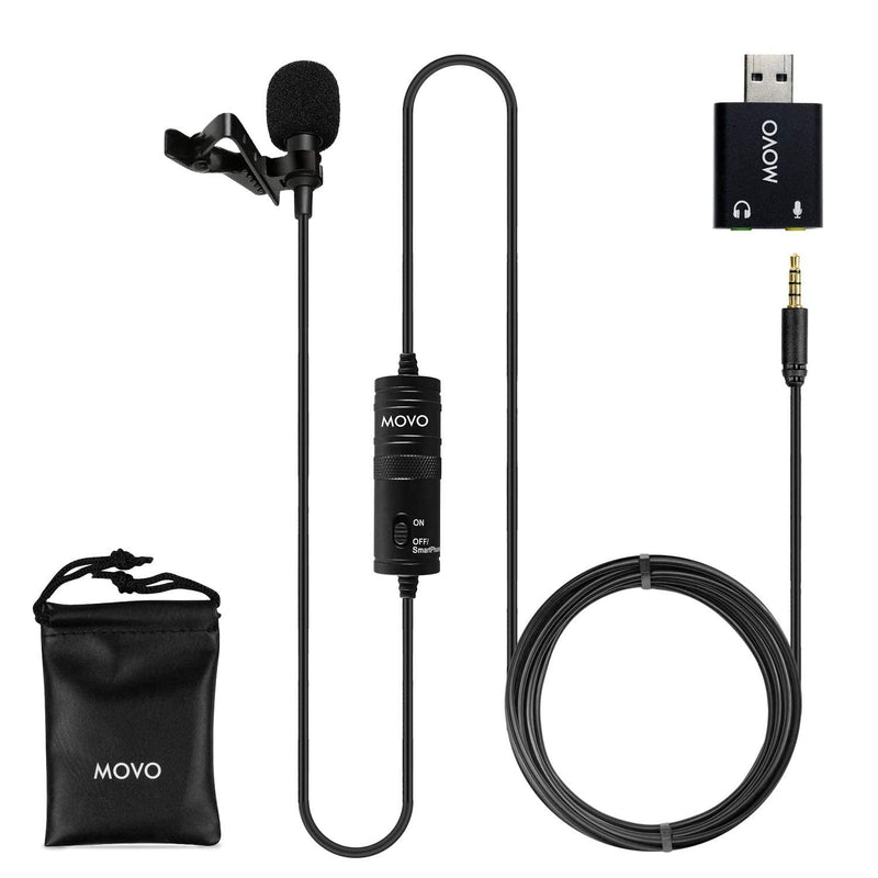 Movo LV1-USB Lavalier Microphone for Computer, Lapel Microphone for iPhone and Android Smartphones, Lav Mic, Clip on Microphone for 3.5mm, USB, Laptop, Desktop, PC, Mac, Cameras, Podcasting, YouTube