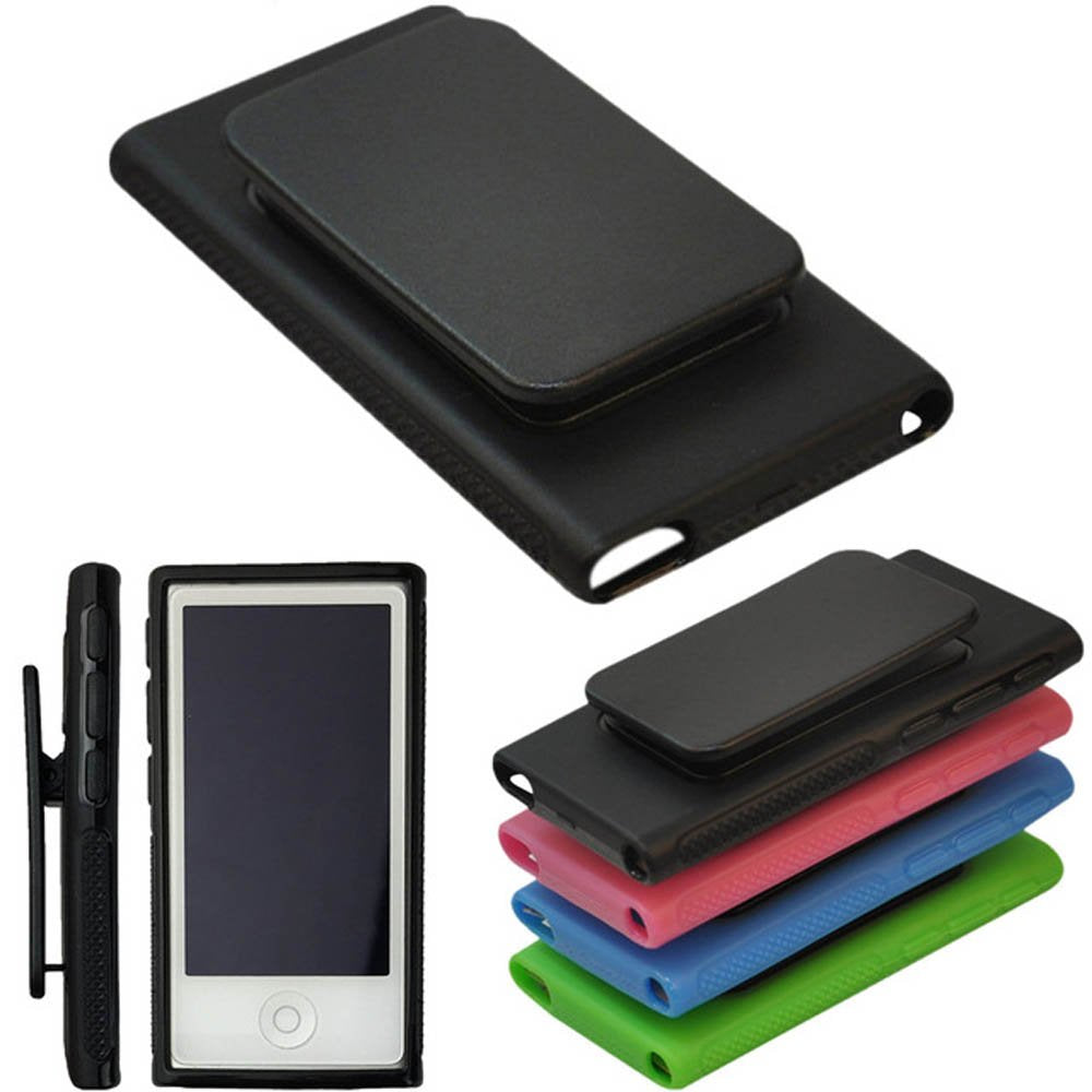 for Apple iPod Nano 7 Case, Belt Clip TPU Rubber Gel Soft Skin Case Cover for Apple iPod Nano 7th Generation 7G 7 + Clear Soft TPU Skin Case Cover (Black) Black