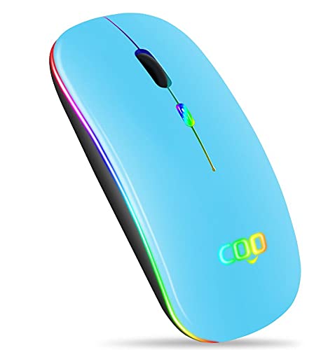 Wireless Mouse, COO LED Slim Dual Mode(Bluetooth 5.1 and 2.4G Wireless) Rechargeable Led Wireless Mouse with 3 Adjustable DPI for iPad OS 13 , MacBook, Laptop, Mac OS 10.10 Bluetooth+2.4G Wireless(Sky Blue)