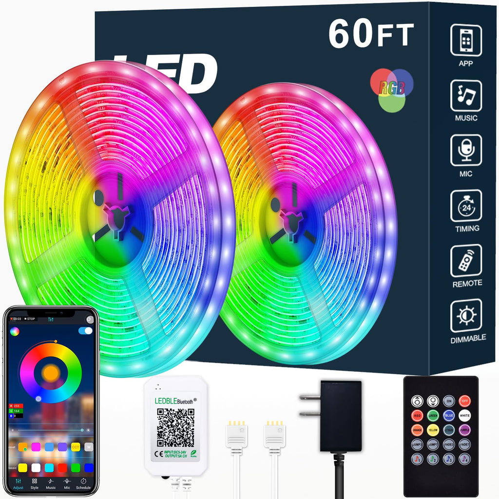 AILBTON Led Strip Lights,60ft Music Sync Color Changing, Built-in Mic,Bluetooth App Control LED Tape Lights with Remote,5050 RGB Rope Light Strips 60FT