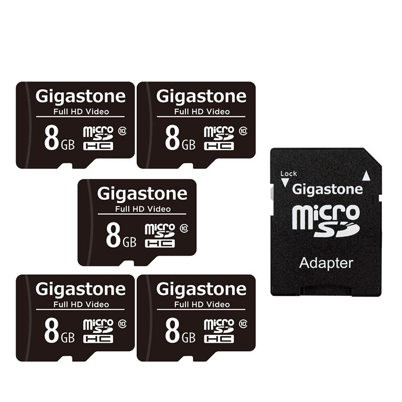 [Gigastone] 8GB 5-Pack Micro SD Card, Full HD Video, Surveillance Security Cam Action Camera Drone, 80MB/s Micro SDHC Class 10, with Adapters 8GB Full HD Video 5-Pack