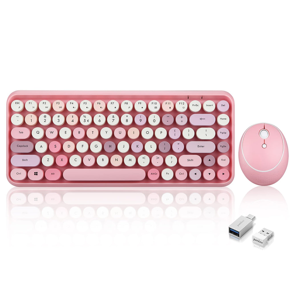 Perixx PERIDUO-713 Wireless Mini Keyboard and Mouse Combo, Retro Round Key Caps, Pastel Pink, US English Layout