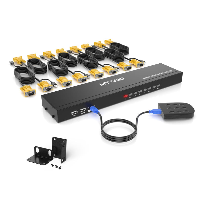MT-VIKI KVM Switch 8 Port, 8X1 Rackmount KVM Switch VGA, Included 8 2-in-1 KVM Cables & Wire-Desktop Selector & Power Adapter, Fit 1U 19'' Rack 8 port KVM VGA