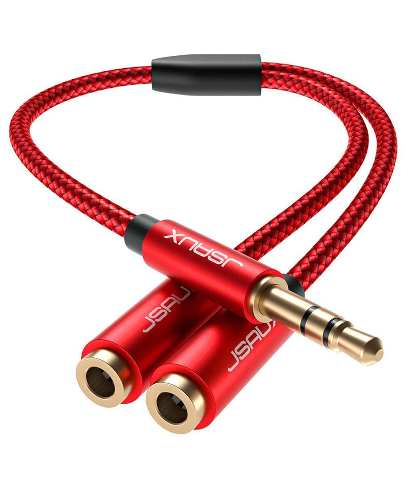 JSAUX Headphone Splitter 3.5mm, Audio Splitter 2 Female to 1 Male, Dual Headphone Adapter Compatible with PS4, PS5, Xbox, Nintendo Switch, PC Gaming Headsets, Phone, Tablet, Laptop and More-Red 0.9ft Red