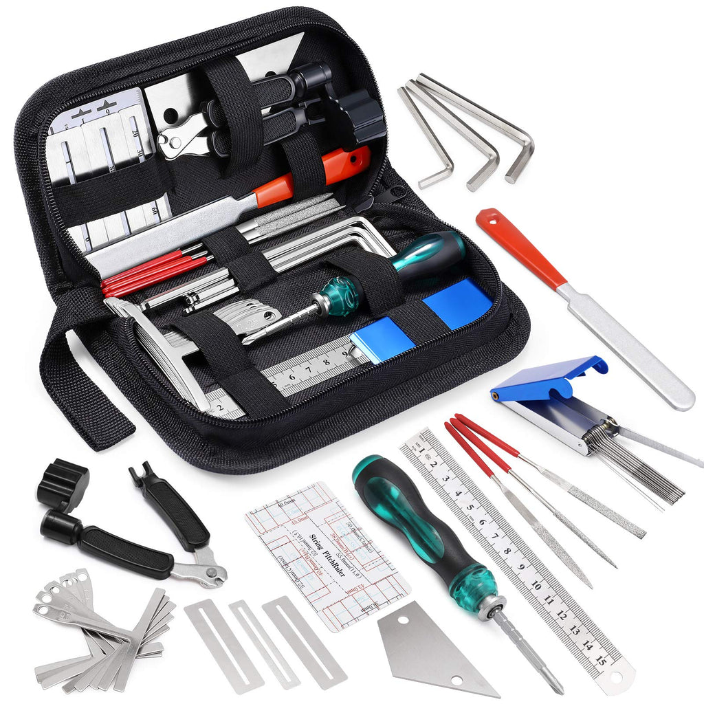 25Pcs Guitar Repairing Tools Kit Setup Kit with Carry Bag for Acoustic Electric guitar Ukulele Bass Banjo Maintenance Tool with Ruler Gauge Measuring Tool Hex Wrench Files Fingerboard Guard