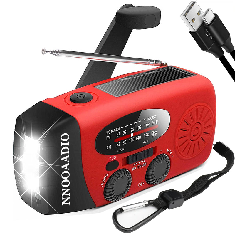2000mAh SOS Alarm Emergency AM FM Weather Radio, 3LED Type-C Hand Crank Solar Battery Operated Portable Wind Up Radio Flashlight, Cell Phone Charger Survival Kit (Red)