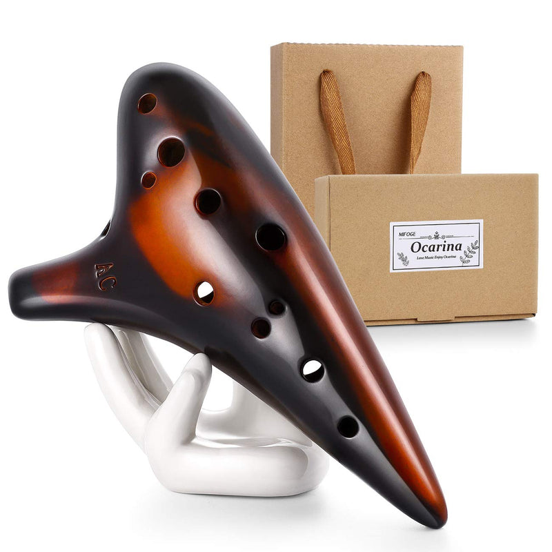 MIFOGE Ocarina 12 Hole Tones Alto C with Gift Wrapping Display Stand Neck Cord Protective Cover Song Book Strawfire Masterpiece Collectible Music Instrument Gift Idea For Beginner Musician Brown Strawfire