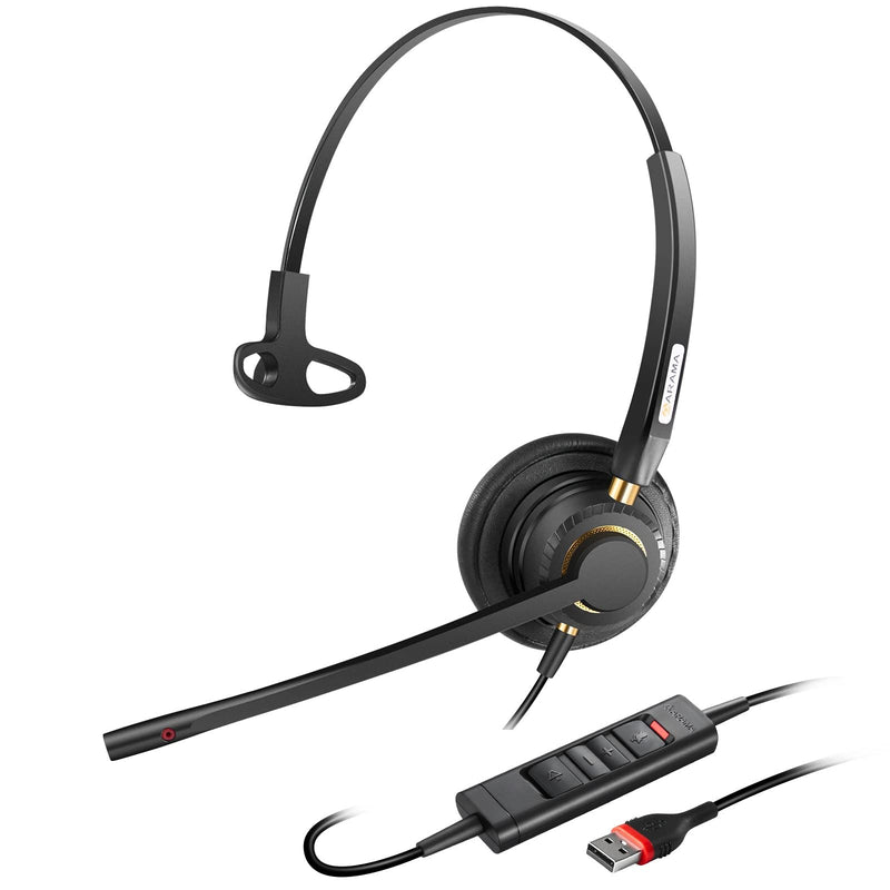 USB Headset with Microphone Noise Cancelling & Audio Controls Ultra Comfort USB Headphone for Computer Laptop Pc Business Skype UC Webinar Call Center Office Black-Monaural