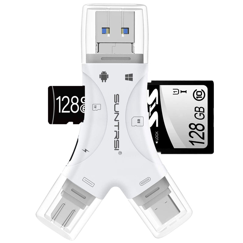 SD Card Reader for iPhone / ipad / Android / Mac / Computer / Camera,4 in1 Micro SD Card Reader Trail Camera Viewer, Portable Memory Card Reader SD Card Adapter Compatible with SD and TF Cards(White) white