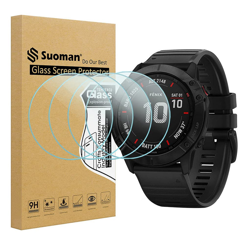 Suoman 4-Pack for Garmin Fenix 6X Pro / 6X Pro Solar / 6X Sapphire Screen Protector, 2.5D 9H Hardness Tempered Glass for Garmin Fenix 6X Pro / 6X Pro Solar / 6X Sapphire Smartwatch Clear*4
