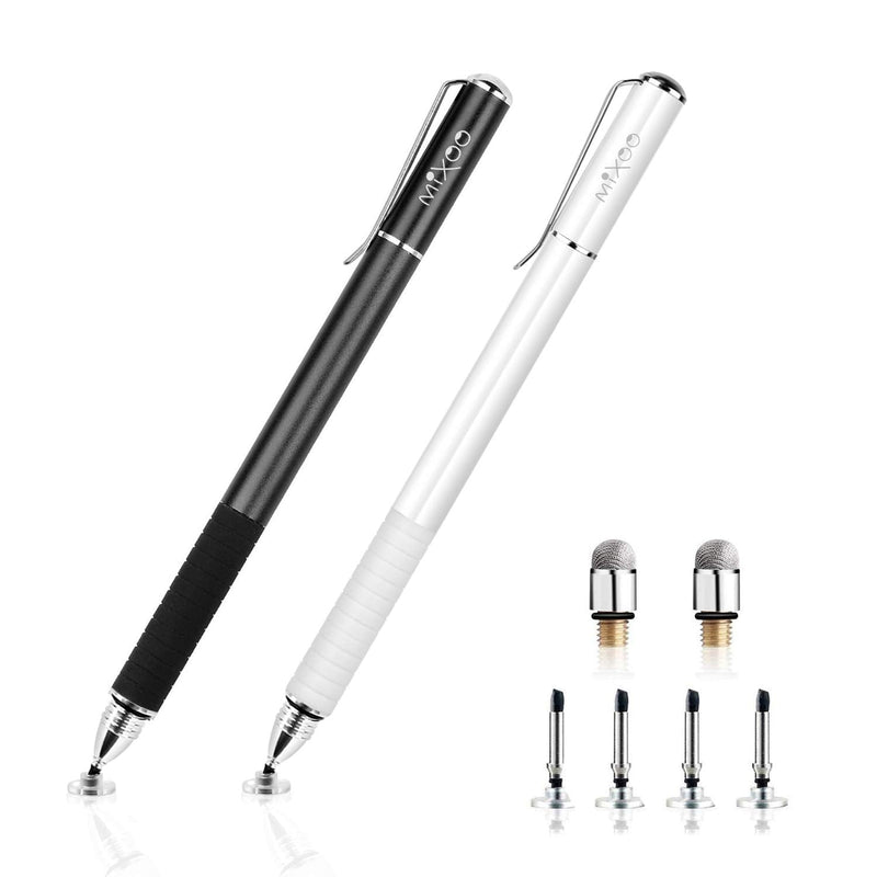 Mixoo Stylus Pens for Touch Screens - Disc & Fiber Tip 2 in 1 High Sensitivity Universal Stylus for iPad, iPhone, Tablets and Other Capacitive Touch Screens (Black/White) Black/White
