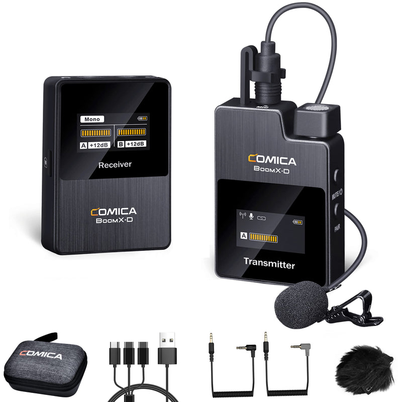 COMICA BoomX-D1 - Wireless Microphone System for Cameras, Camcorders, Smartphones, Laptops, Compact Wireless Lavalier Lapel Microphone with Noise Reduction, Low Latency, Monitoring, Muting Black