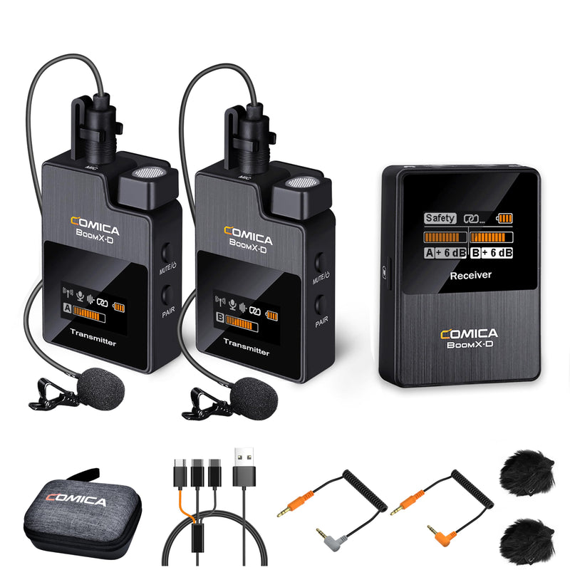 Comica BoomX-D2 - Wireless Microphone System for Cameras, Camcorders, Smartphones, Laptops, Compact Wireless Lavalier Lapel Microphone with Safety Audio Track, Noise Reduction, 328' Range, Low Latency