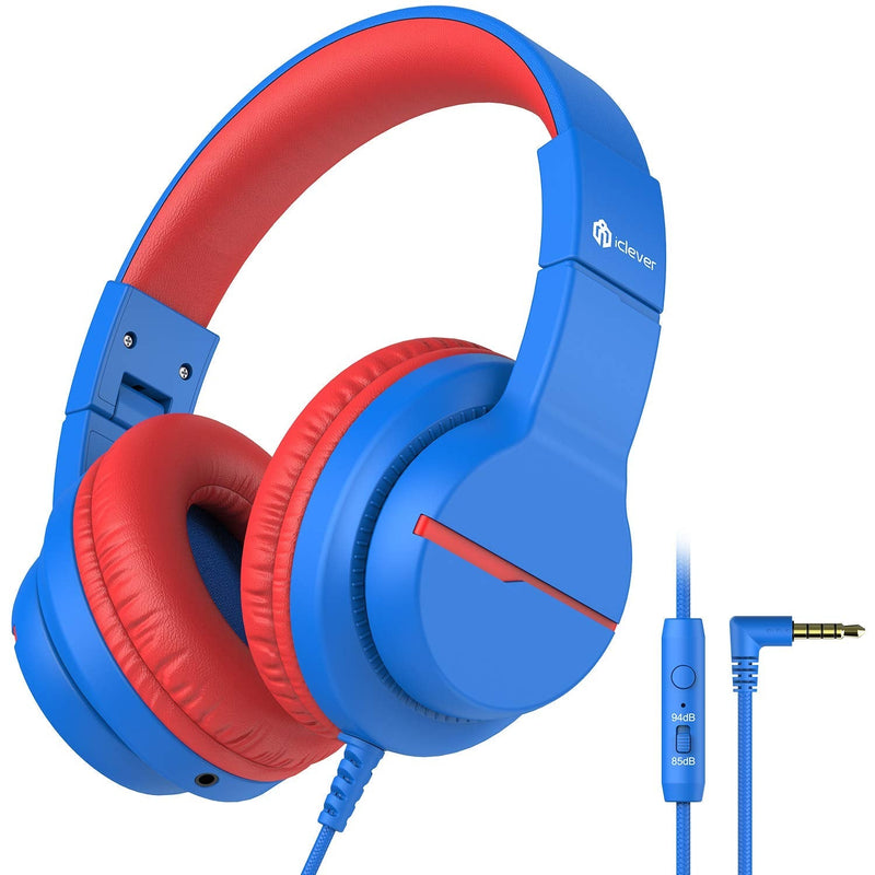iClever Kids Headphones for School Travel, Safe Volume 85/94dB, HD Mic Stereo Sound Over-Ear Girls Boys Headphones for Kid, FunShare Foldable 3.5mm Wired Kids Headphones for iPad Computer Blue M