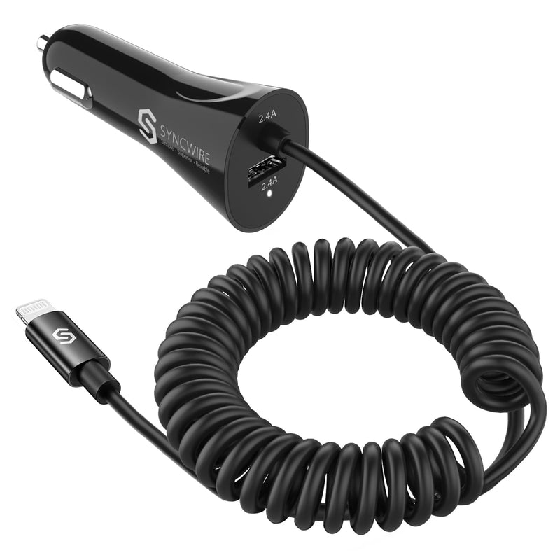 Syncwire iPhone Car Charger - Upgrade [Apple MFi Certified] 4.8A/24W Car Charging Adapter with Built-in Coiled Lightning Cable for Apple iPhone 14/13/12/11/Xs/XS Max/XR/X/8/7/6 Plus, iPad & More 5FT