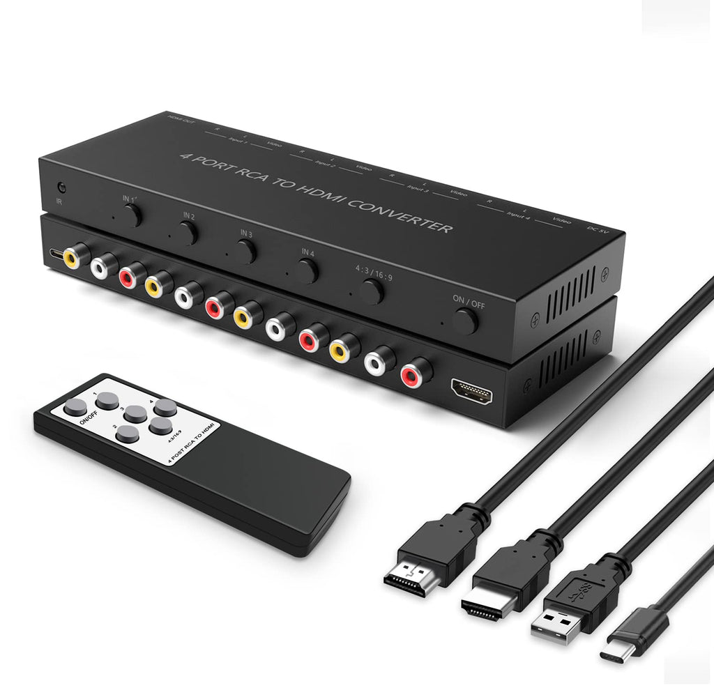 4Port AV to HDMI Converter, 4Port AV to HDMI Switcher with IR Remote, Support 16:9/4:3 and Quick Switch Compatible with WII/N64/SNES/Xbox/PS1/PS2/PS3/VHS/VCR/DVD Players etc.(4AV In-1HDMI Out) 4Port AV to HDMI Converter