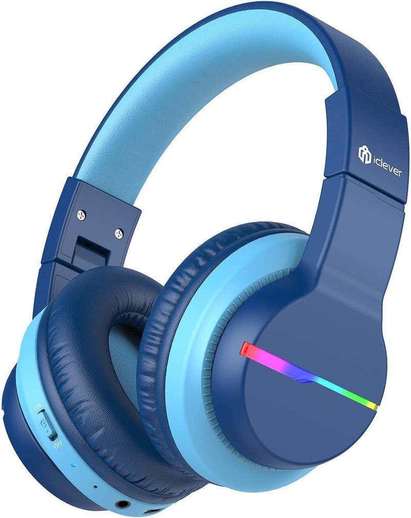 [AUSTRALIA] - iClever BTH12 Kids Bluetooth Headphones,Colorful LED Lights Wireless Kids Headphones,74/85dBA Safe Volume,85H Playtime,Bluetooth 5.2,Over Ear Headphones Built-in Mic for iPad/Tablet/Airplane,Blue Blue 