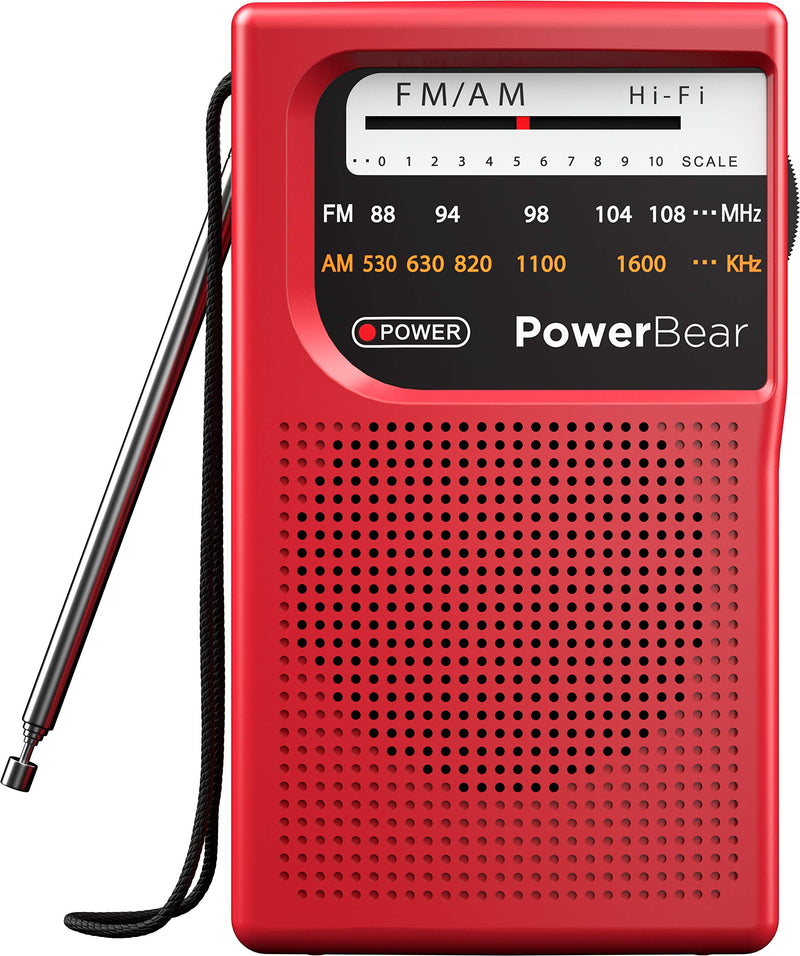 PowerBear Portable Radio | AM/FM, 2AA Battery Operated with Long Range Reception for Indoor, Outdoor & Emergency Use | Radio with Speaker & Headphone Jack (Red) Red