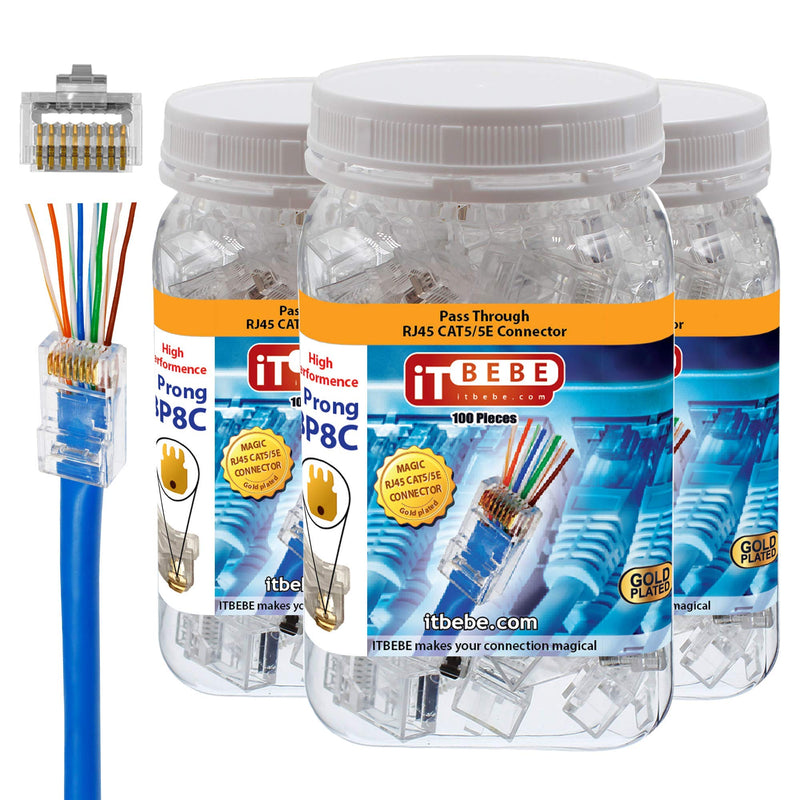 ITBEBE 300 Pieces - Gold Plated RJ45 Cat5, Cat5e Pass Through Connectors - 3 Prong 3u Pass Through 8P8C UTP Jack Ends Quantity 300