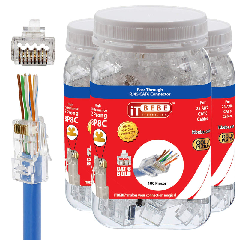 ITBEBE 300 Pieces RJ45 Cat6 cat6a Pass Through Connectors - Gold Plated Transparent Passthrough Ethernet Insert Crimp Connector UTP Network Plug for 23 AWG Cables Quantity 300