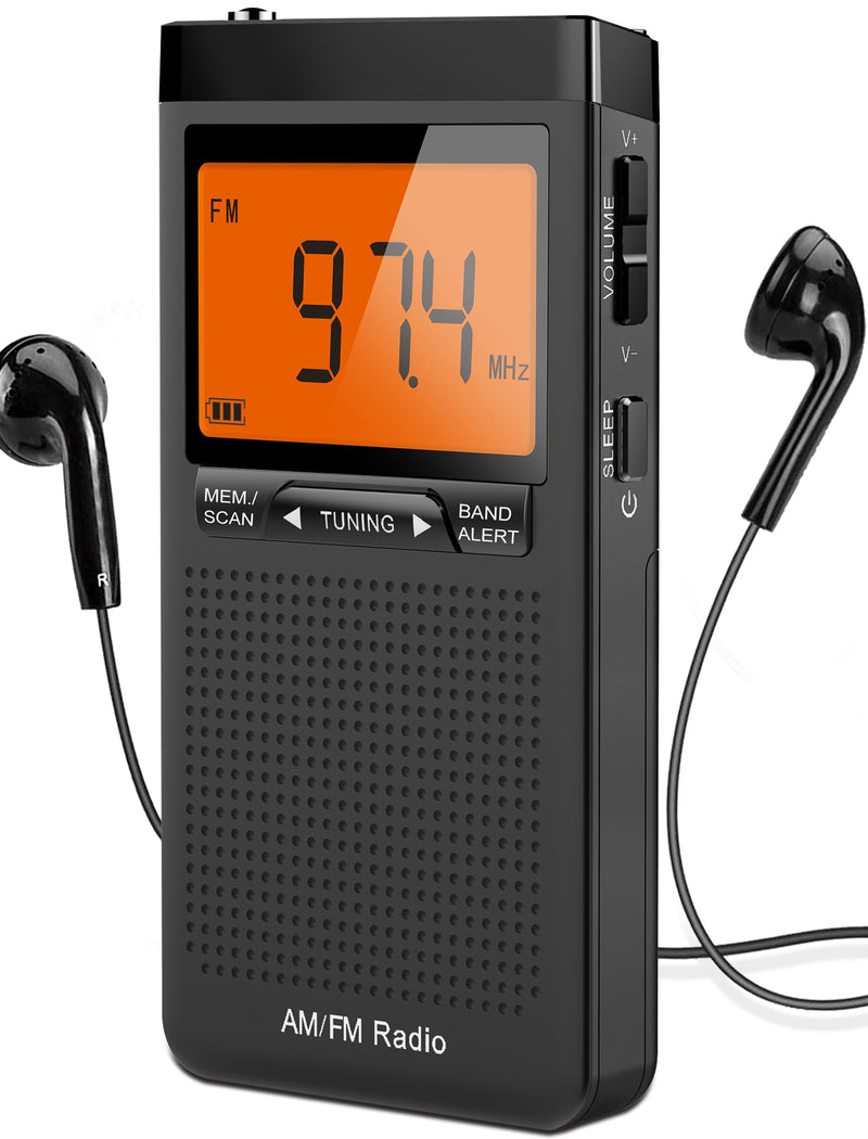 [AUSTRALIA] - AM FM Portable Radio Personal Radio with Excellent Reception Battery Operated by 2 AAA Batteries with Stero Earphone, Large LCD Screen, Digtail Alarm Clock Black 