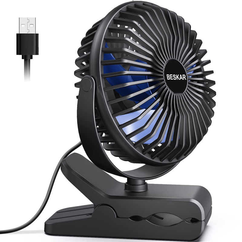 BESKAR USB Powered Clip on Fan, 6 Inch Portable Fan with Cord, 3 Speeds Strong Airflow, Small Fan with Sturdy Clamp, Quiet Personal Desk Fan & Clip Fan Black Blue Blades
