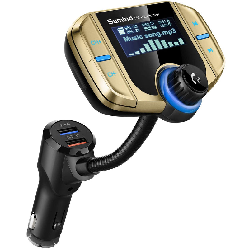 Sumind 2026 Upgraded Wireless Bluetooth Car Adapter FM Transmitter, 1.7'' LCD Display, Flexible Gooseneck, 20W QC3.0&Dual USB Ports, AUX Input/Output for Hands-Free Call, Micro/TF Card(Golden,Normal) Golden Normal