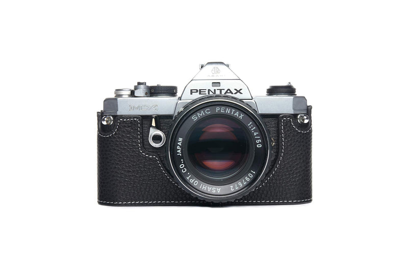 Pentax MX ME Case, BolinUS Handmade Genuine Real Leather Half Camera Case Bag Cover for Pentax MX ME Camera with Hand Strap (Black) Black