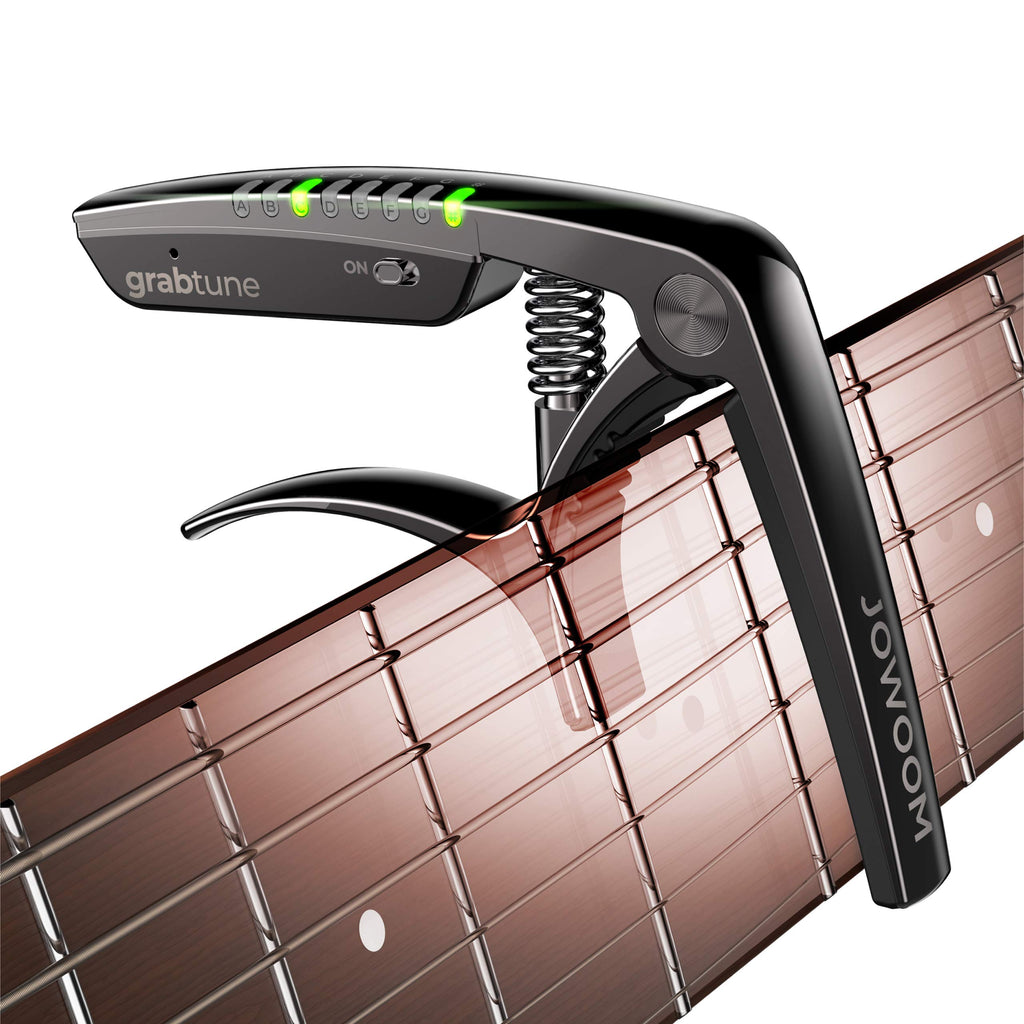 Grabtune Acoustic Guitar Capo-Tuner | 2 In 1 Equipment | Precise and Accurate Tuning System | Full Color LED Edge Lighting Display | USB Rechargeable Battery | Chrome Plating (Black) Black