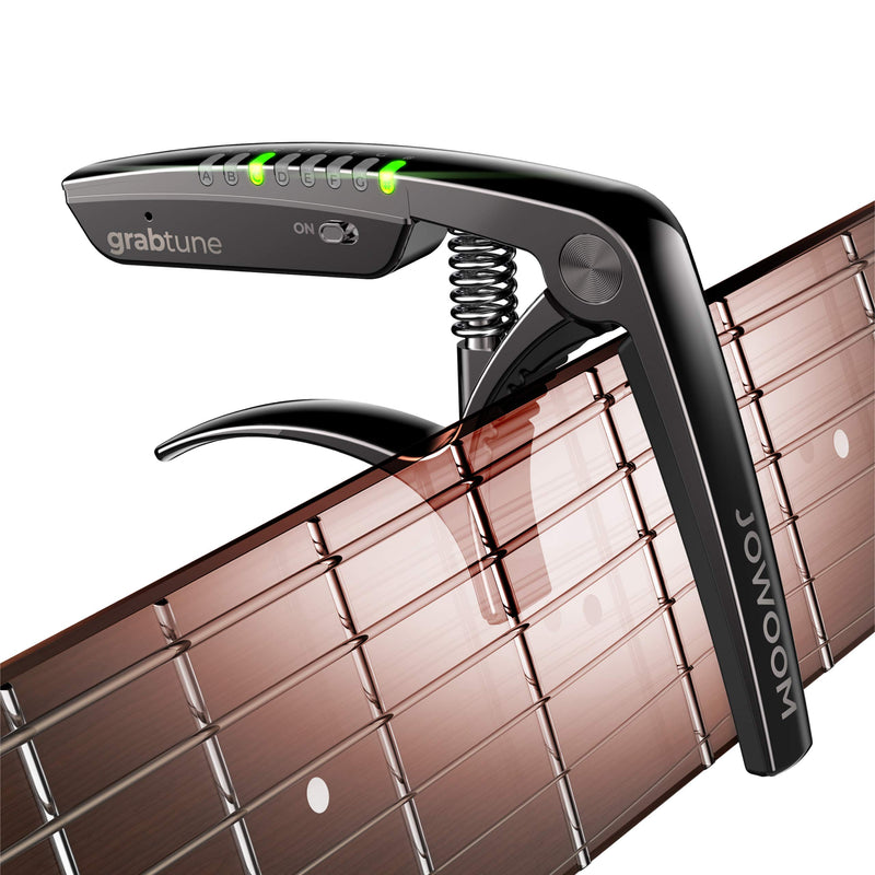 Grabtune Acoustic Guitar Capo-Tuner | 2 In 1 Equipment | Precise and Accurate Tuning System | Full Color LED Edge Lighting Display | USB Rechargeable Battery | Chrome Plating (Black) Black