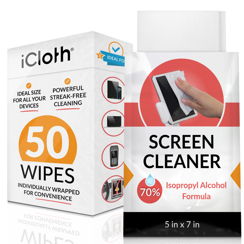[AUSTRALIA] - iCloth 70% Isopropyl Alcohol Large Wipes for Electronics (5x7 in) – Laptop, Computer Monitor, Phone, and Screen Cleaner – Lint-Free, Streak-Free, Scratch-Free – 50 Wipes 1 Count (Pack of 50) 