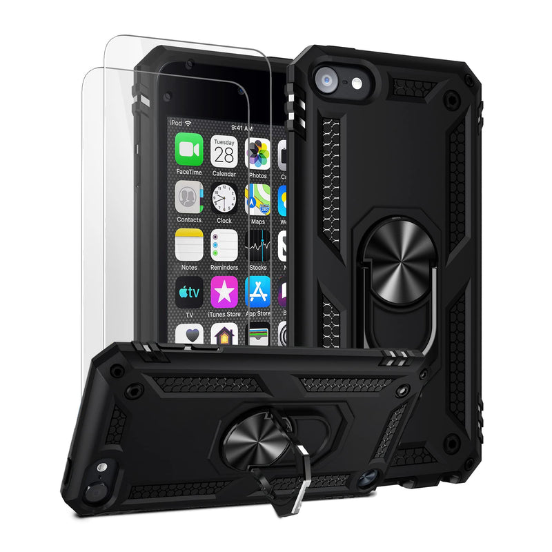ULAK Compatible with iPod Touch 7 Case/iPod Touch 6 Case with 2 HD Screen Protectors, Hybrid Rugged Shockproof Cover with Built-in Kickstand for iPod Touch 7th/6th/5th Generation (Black) Black