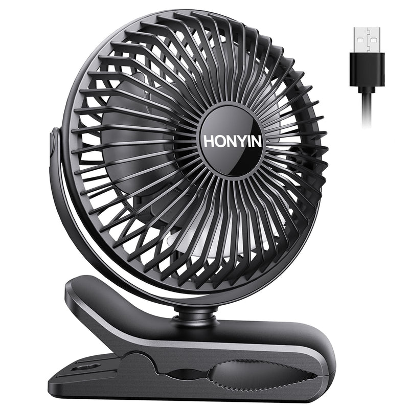[AUSTRALIA] - HONYIN 720° Rotation Small Desk & Clip on Fan with Sturdy Clamp, 3 Speeds, Quiet Little Personal Cooling Fan by USB Plug In, for Bedroom Office Desktop Treadmill Black 