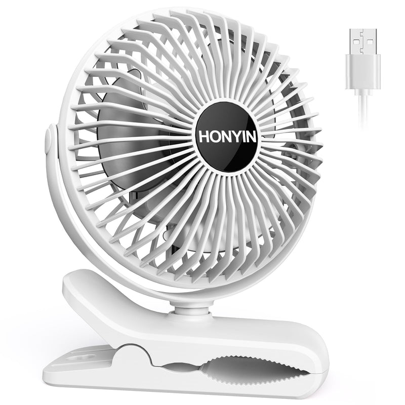 HONYIN USB Clip on Fan, 720° Rotation Small Desk & Clip Fan, Personal Cooling Fan with Sturdy Clamp, 3 Speeds, Quiet Little Fan by USB Plug In, for Bedroom Office Desktop Treadmill White