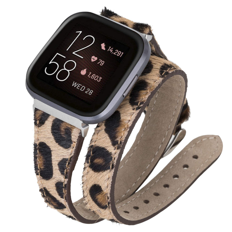 Venito Serena Leather Double-Wrap Slim Watch Band Compatible with Fitbit Versa/Versa 2 / Versa Lite Furry Leopard Silver Connector & Clasp