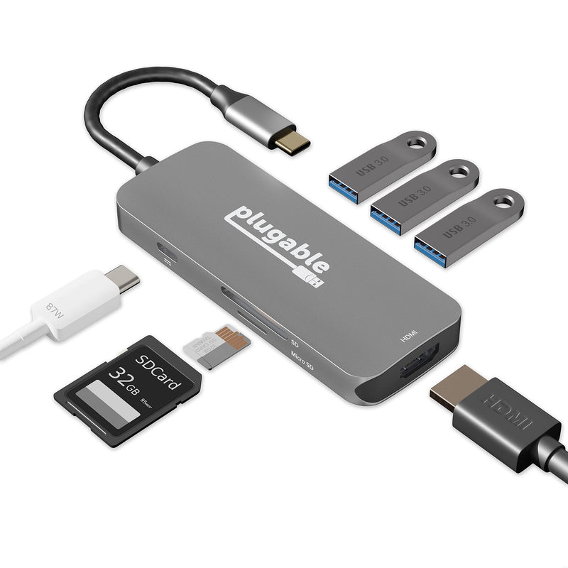 Plugable USB-C Hub 7-in-1, Compatible with Mac, Windows, Chromebook, USB4, Thunderbolt 4, and More (4K HDMI, 3 USB 3.0, SD & microSD Card Reader, 87W Charging)